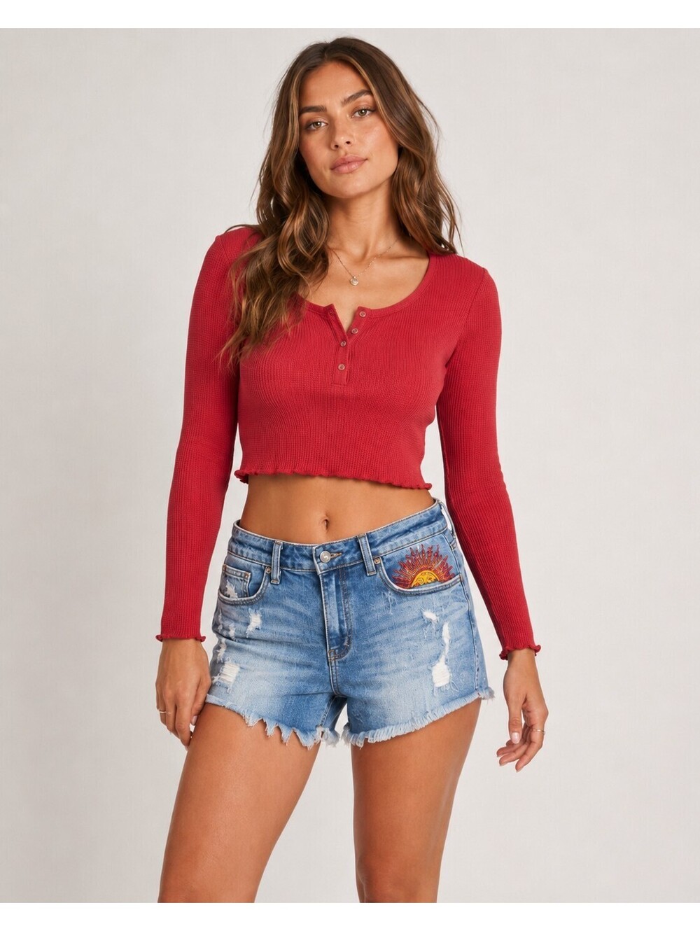 Judy Blue Sunburst Embroidered Distressed Denim Shorts Blue High Rise Cutoff L